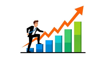 Businessman Ascending Success Graph, Financial Growth and Achievement Chart with Figure, Business Man Climbing Increasing Graph