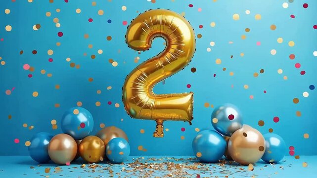 2nd Celebration Balloon Scene with Gold Number, Blue Balloons and Confetti on Solid Blue Background for Birthday or Anniversary Greeting Visuals

