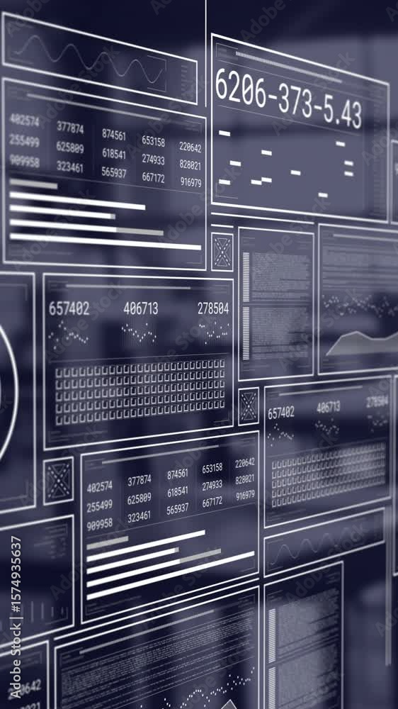 Poster animation of screens with data processing over cityscape