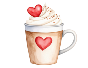 Watercolor coffee cup with whipped cream and heart art, transparent background