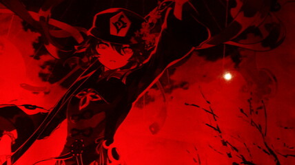 Hu tao gobelen in red light with moon Background (gemshin i mpact)