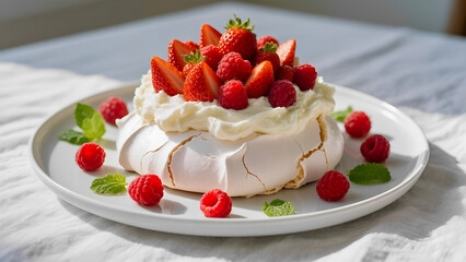 Pavlova dessert with whipped cream, fresh strawberries and raspberries.