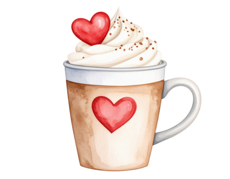 Watercolor coffee cup with whipped cream and heart art, transparent background - Powered by Adobe