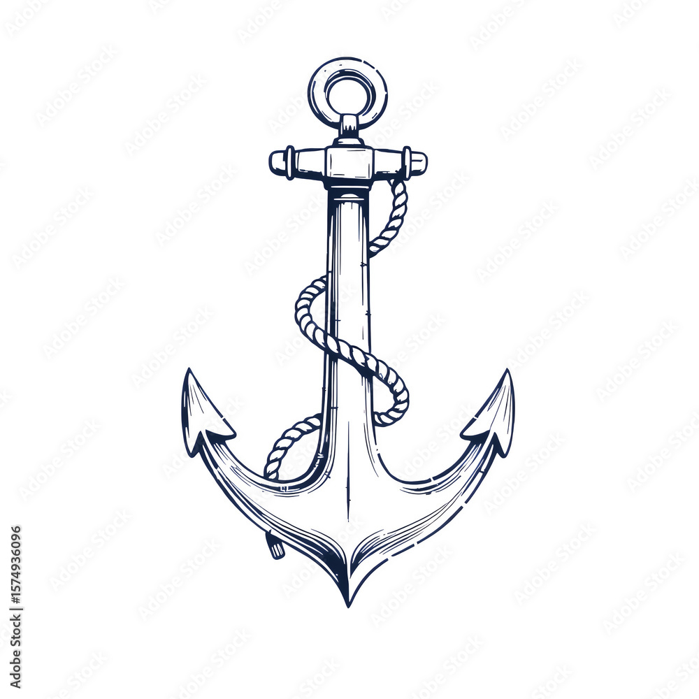 Poster a stylized blue anchor with a rope wrapped around it on a solid white background image design on tra