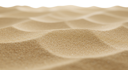 Close-up macro shot of light brown beach sand with fine grains, natural wavy patterns, and subtle dunes, sharply focused against a blurred transparent isolated background with soft diffused daylight