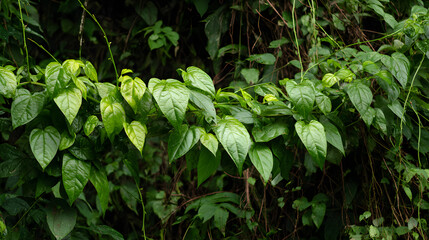 Obraz premium Jungle bush of three-leaved wild vine cayratia or bush grape liana ivy plant growing with long pepper plant in wild, nature frame jungle border