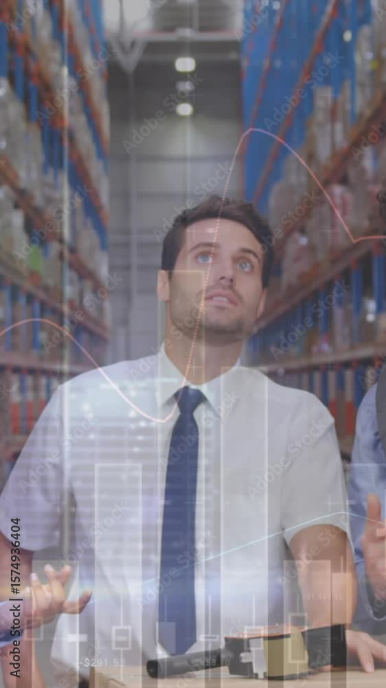 Aufkleber animation of statistics and data processing over diverse people working in warehouse