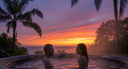 Couple enjoying a romantic sunset in a hot tub with an ocean view.








