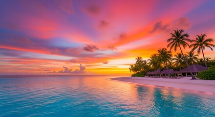 Golden sun dips below the horizon, painting the sky in fiery orange and red hues over the tranquil ocean waves and serene beach landscape