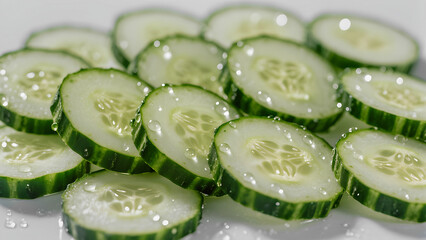 Fresh cucumber slices with water drops close-up.