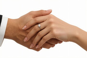 Couple's hands, engagement ring, white background, proposal