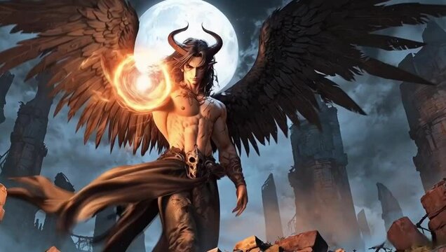 Epic fantasy anime video game scene featuring powerful demon hunter with wings amidst fiery flames showcasing intense battle energy