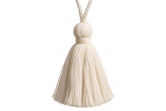White tassel hanging from a twisted cord against a transparent background, perfect for adding a touch of elegance to designs