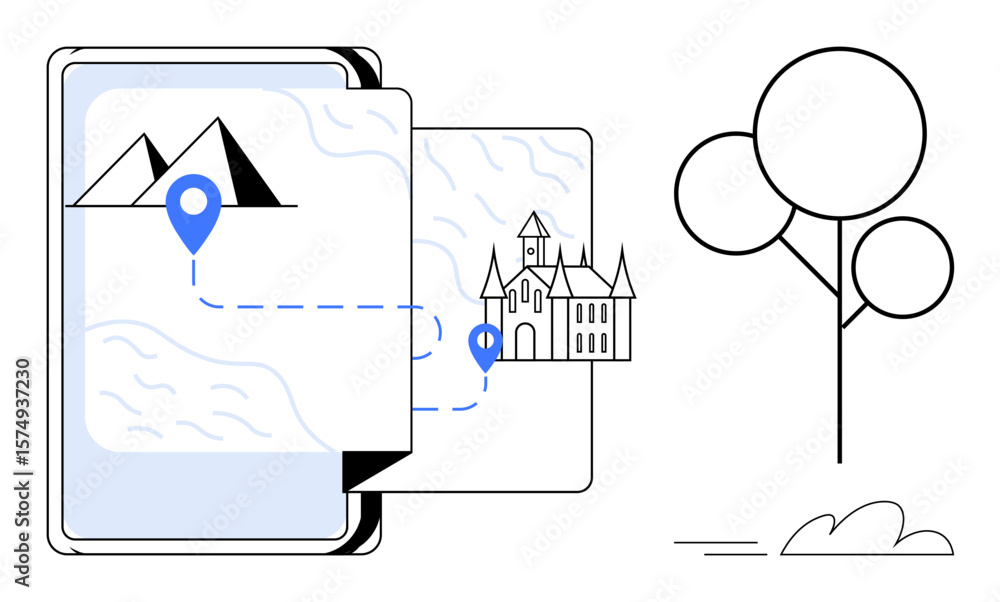 Poster mobile device displaying a map with marked locations leading to a castle. nearby, a minimalist tree 
