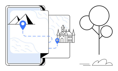 Mobile device displaying a map with marked locations leading to a castle. Nearby, a minimalist tree and landscape enhance the theme of exploration. Ideal for travel, navigation, tourism, digital