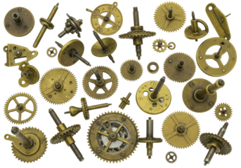 Vintage brass and bronze clockwork gears and cogs, showing aged patina and wear, randomly scattered on a clean white background with copy space, viewed from a high angle. Concept of mechanical