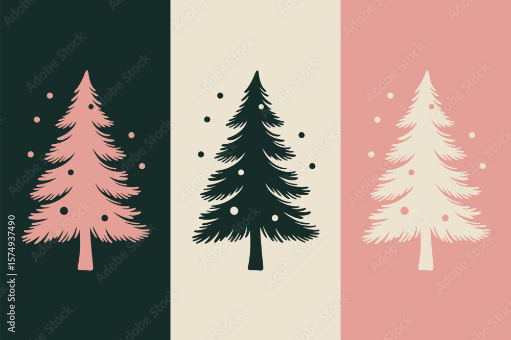 Poster three christmas trees in different colors on a split background with decorative dots around them