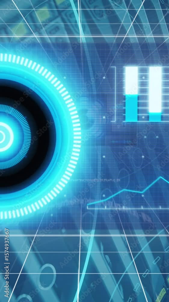 Poster animation of 5g text, scopes scanning and data processing over servers