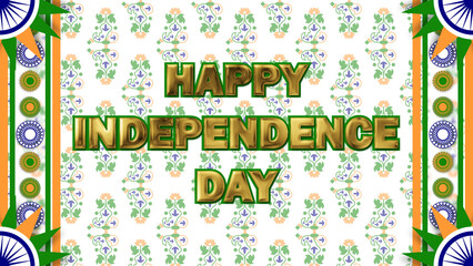 Fototapeta premium happy independence day greetings in golden texture text decorated with traditional pattern in indian flag colour.