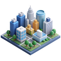 Isometric 3d cityscape with modern buildings and green trees isolated on transparent background