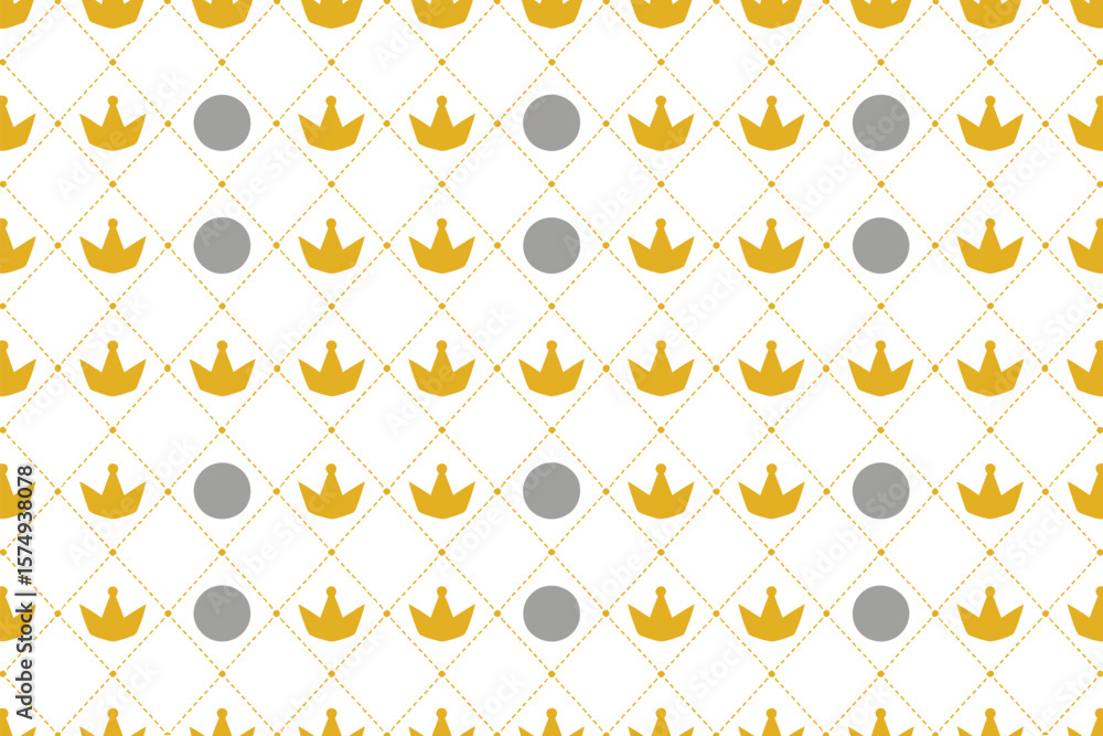 Poster repeating pattern of gold crowns and gray circles on a white background with a dotted diamond grid o