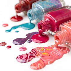 Spilled nail polish in vibrant shades of pink, blue, red, and peach creating abstract patterns. Colorful nail art concept.