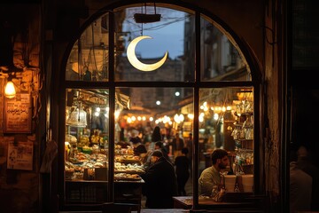 Obraz premium A vintage window with a view of a bustling market, illuminated by the soft light of the crescent moon