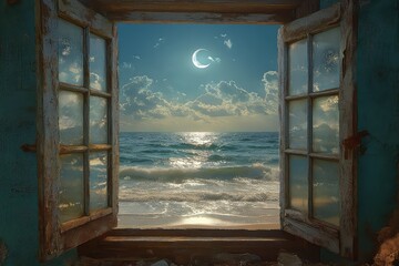 A vintage window with a view of a quiet beach, with the crescent moon casting silver light on the waves