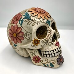Ornately decorated sugar skull featuring vibrant floral designs and traditional patterns. A beautiful representation of Mexican folk art for Dia de los Muertos.

