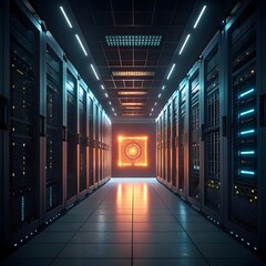Long corridor in a modern server room filled with illuminated racks and a glowing central element. Represents data storage, network infrastructure, and advanced technology.