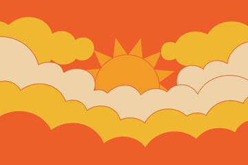 Obraz premium A stylized sun rising or setting behind clouds in shades of orange yellow and cream color palette art