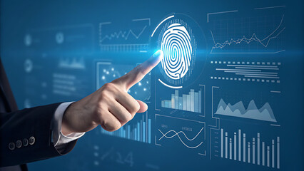 Photo of a persons finger touches a glowing fingerprint scanner on a futuristic digital screen filled with data charts and graphs, symbolizing biometric security and advanced technology