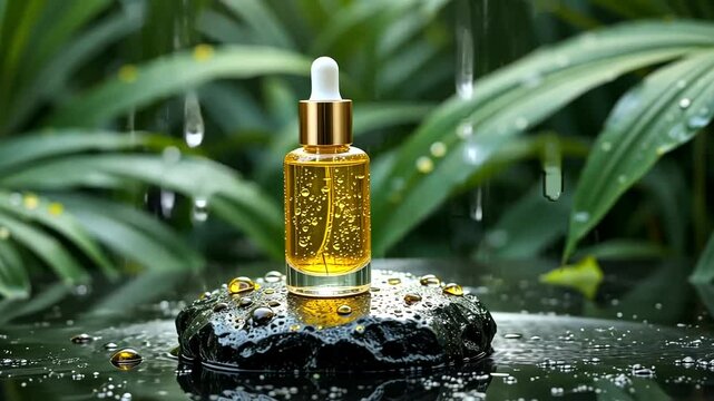Golden elixir in nature, enhanced by water droplets Serene scene