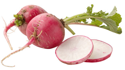 Fresh red radishes with green leaves and sliced pieces isolated on transparent background