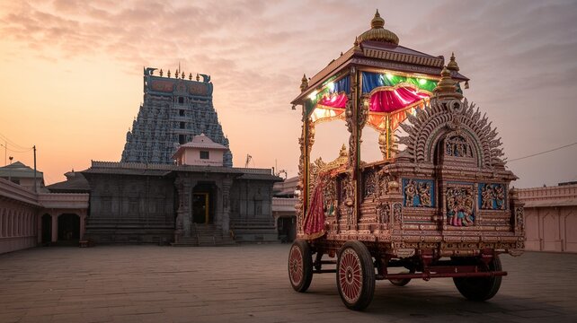 Rath Yatra, Ornate Temple Chariot at Srirangam Ranganathaswamy Temple Under a Soft Sunset Sky