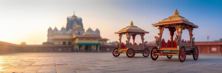 Rath Yatra, Ornate Indian Chariots Stand Before a Grand Temple Under a Soft, Golden Sky