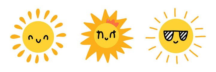 Cute sun collection. Adorable set of cartoon sun characters with faces with cheeks, sunglasses, and heart eyes. Perfect for kids designs, summer themes, prints, and playful decor.