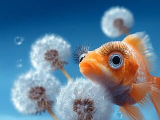 Surreal image of a goldfish with long eyelashes swimming among fluffy dandelions underwater. Dreamlike atmosphere with soft lighting and vibrant blue background, blending nature and fantasy elements.