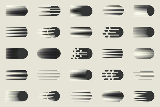 A grid of black and white speed line icons representing motion and velocity in various styles and shapes