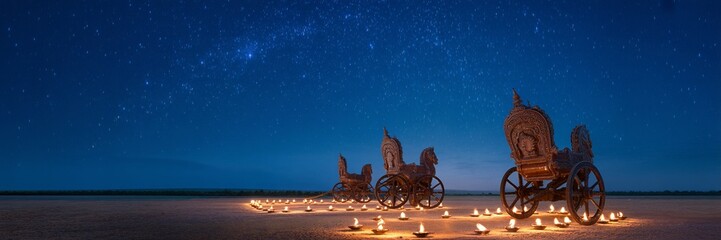 Fototapeta premium Rath Yatra, Illuminated Chariots Under a Starry Night Sky with Candlelit Path
