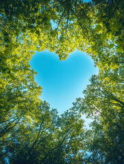 Heart-shaped sky surrounded by green trees seen from below. Nature love, forest peace and eco harmony