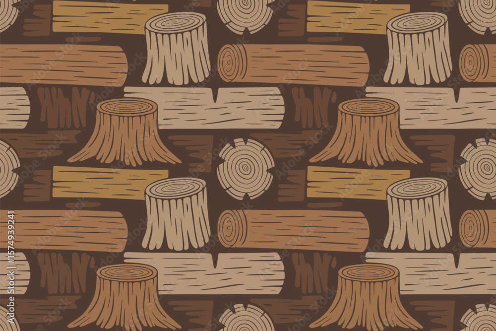 Poster a seamless pattern featuring tree stumps logs and cross sections on a dark brown background design a