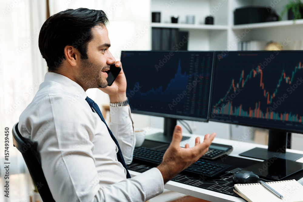 Poster trader businessman calling to consultant or partner with two stock exchange investment, compare data