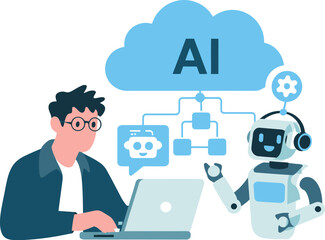 AI Software Development Concept – Smart Robot and Engineer Using Laptop with Cloud Data, Chatbot Interface, and Technical Diagram in Clean Blue Line Art Vector Style

