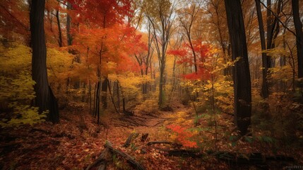Autumn Forest Path with Misty Woods.