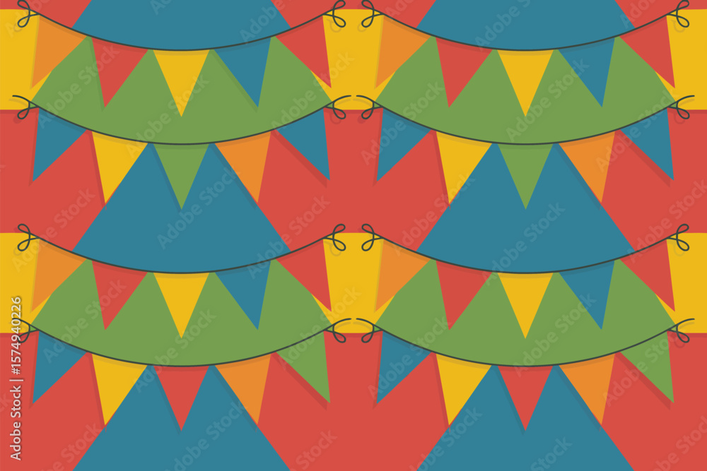 Poster a festive background featuring colorful triangular flags hanging on strings in a repeating pattern d