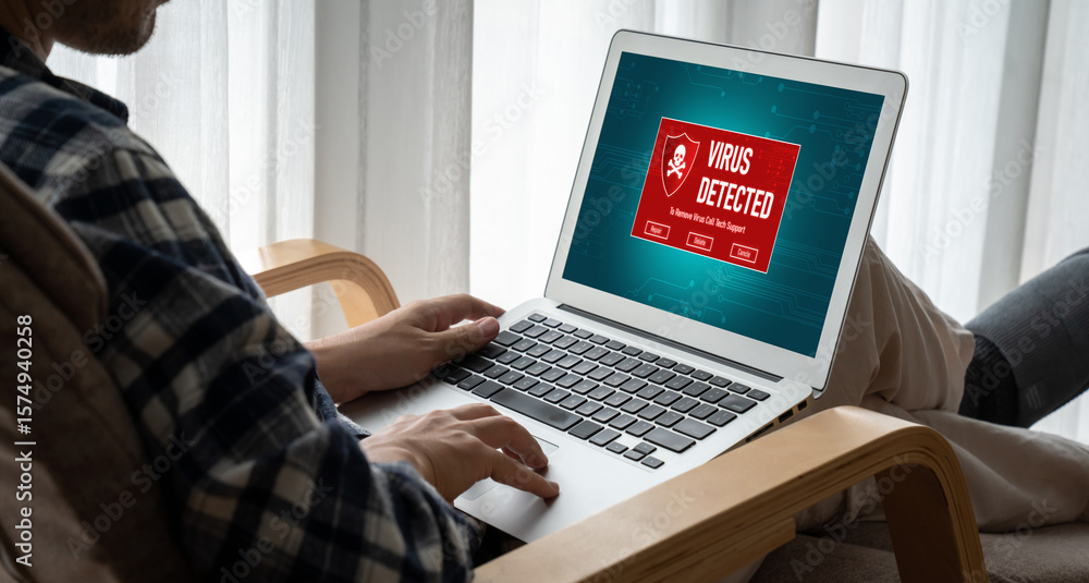 Aufkleber virus warning alert on computer screen detected modish cyber threat , hacker, computer virus and mal
