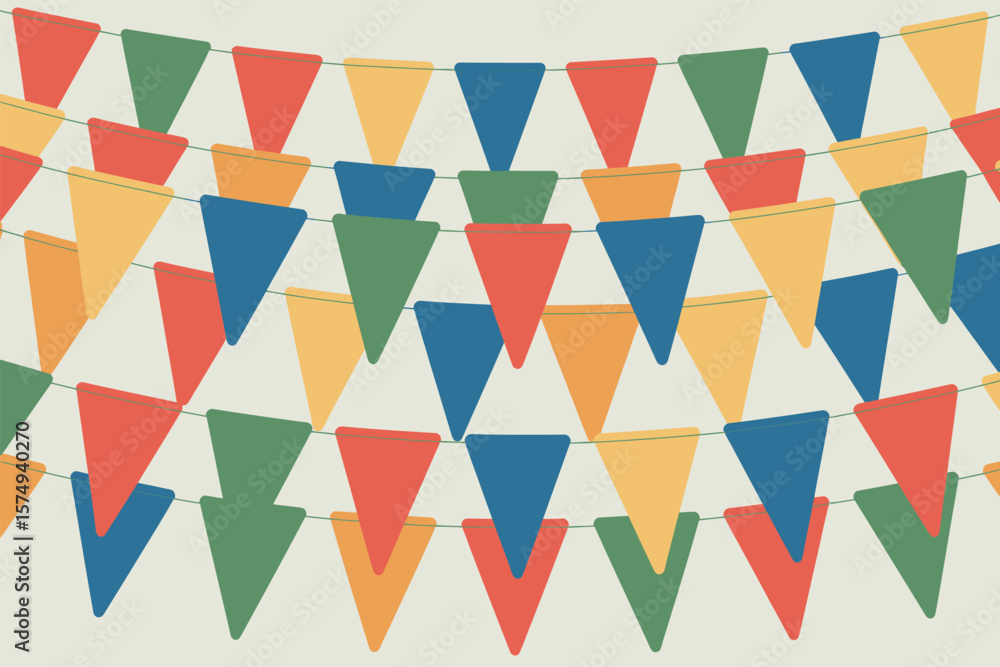 Poster a festive arrangement of colorful triangular pennant banners strung across a light background creati
