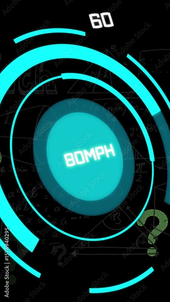 Poster animation of question marks over scope scanning with data processing on black background