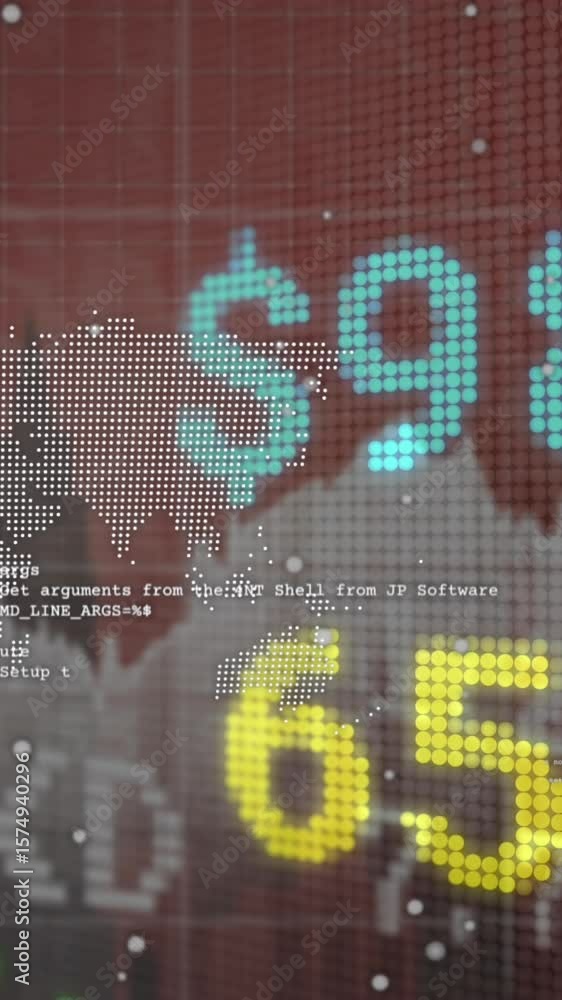 Poster animation of financial data and graphs over globe and world map on brown background